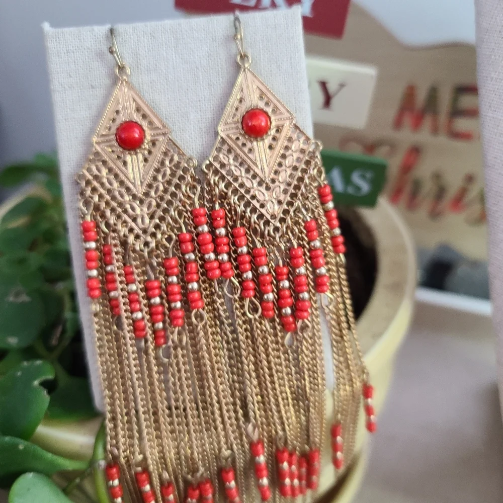 NA/BOHO Style Coral/Gold-Tone Bead Earrings - Picture 2 of 4